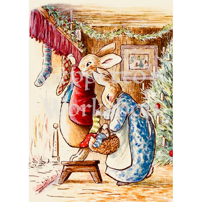 Greeting Card - Peter Rabbit hanging Stockings