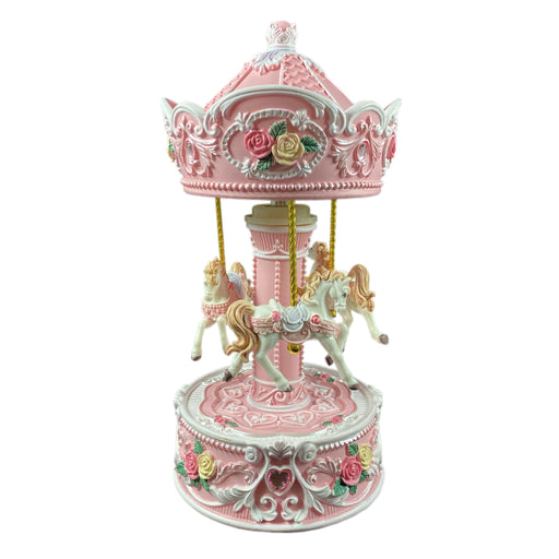 Musical Carousel - Pink and White with 3 White Horses / 19 cm - Geppetto's Workshop