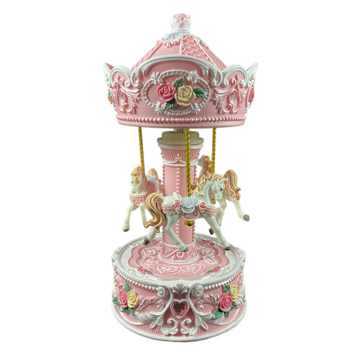 Musical Carousel - Pink and White with 3 White Horses / 19 cm - Geppetto's Workshop