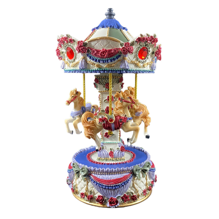 Musical Carousel - Blue and Red with 3 White Horses / 25 cm - Geppetto's Workshop