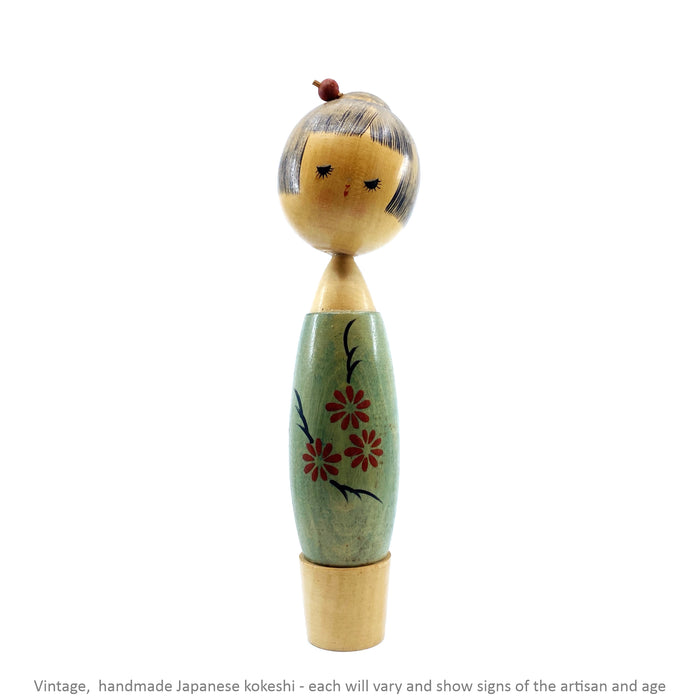 Vintage Kokeshi - Green with Blossums and Red Hair Pin / 23 cm / Circa 1970s