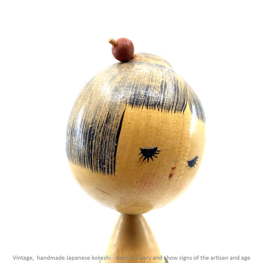 Vintage Kokeshi - Green with Blossums and Red Hair Pin / 23 cm / Circa 1970s