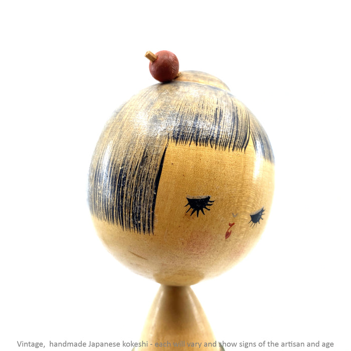 Vintage Kokeshi - Green with Blossums and Red Hair Pin / 23 cm / Circa 1970s