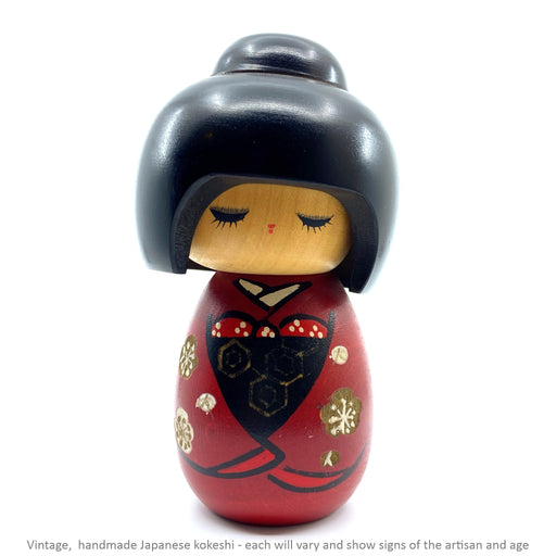 Vintage Kokeshi - Black Bob with Red Dress / 13 cm / Circa 1980s