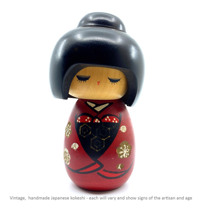 Vintage Kokeshi - Black Bob with Red Dress / 13 cm / Circa 1980s