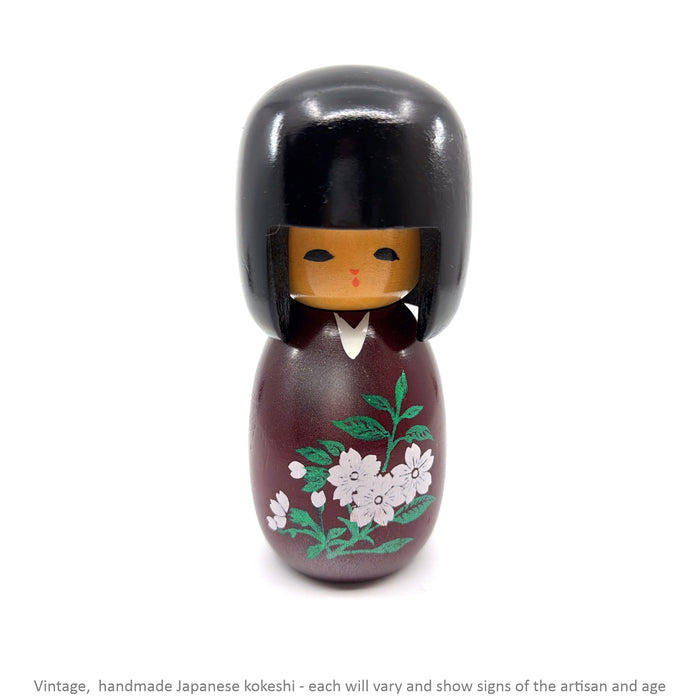 Vintage Kokeshi - Black Bob with Maroon Dress / 12 cm / Circa 1980s