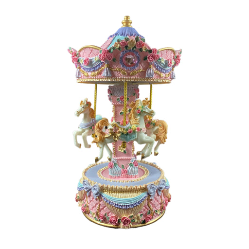 Musical Carousel - Pink and Mauve with 3 White Horses / 17 cm (NB365) - Geppetto's Workshop