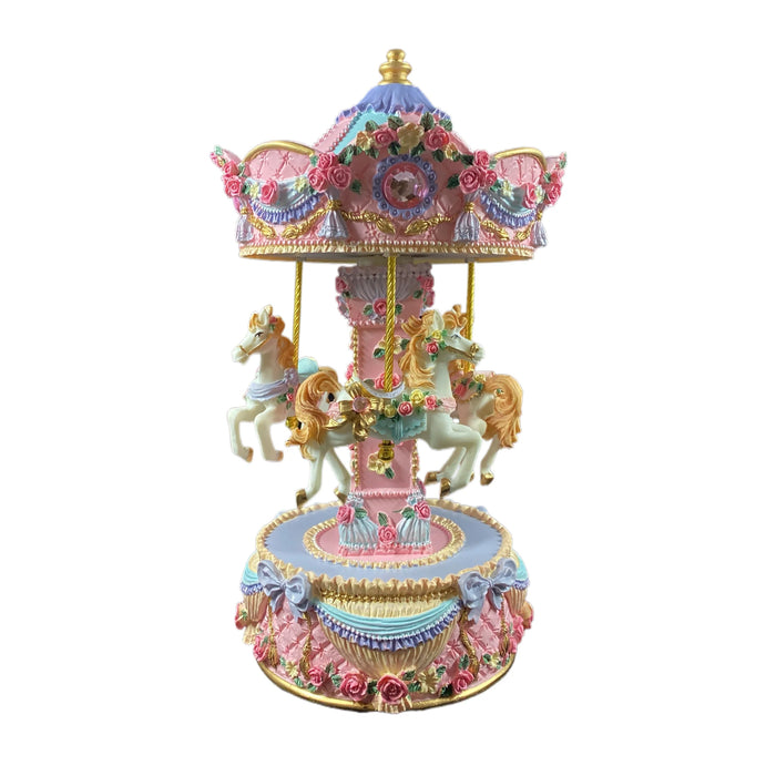 Musical Carousel - Pink and Mauve with 3 White Horses / 17 cm (NB365) - Geppetto's Workshop